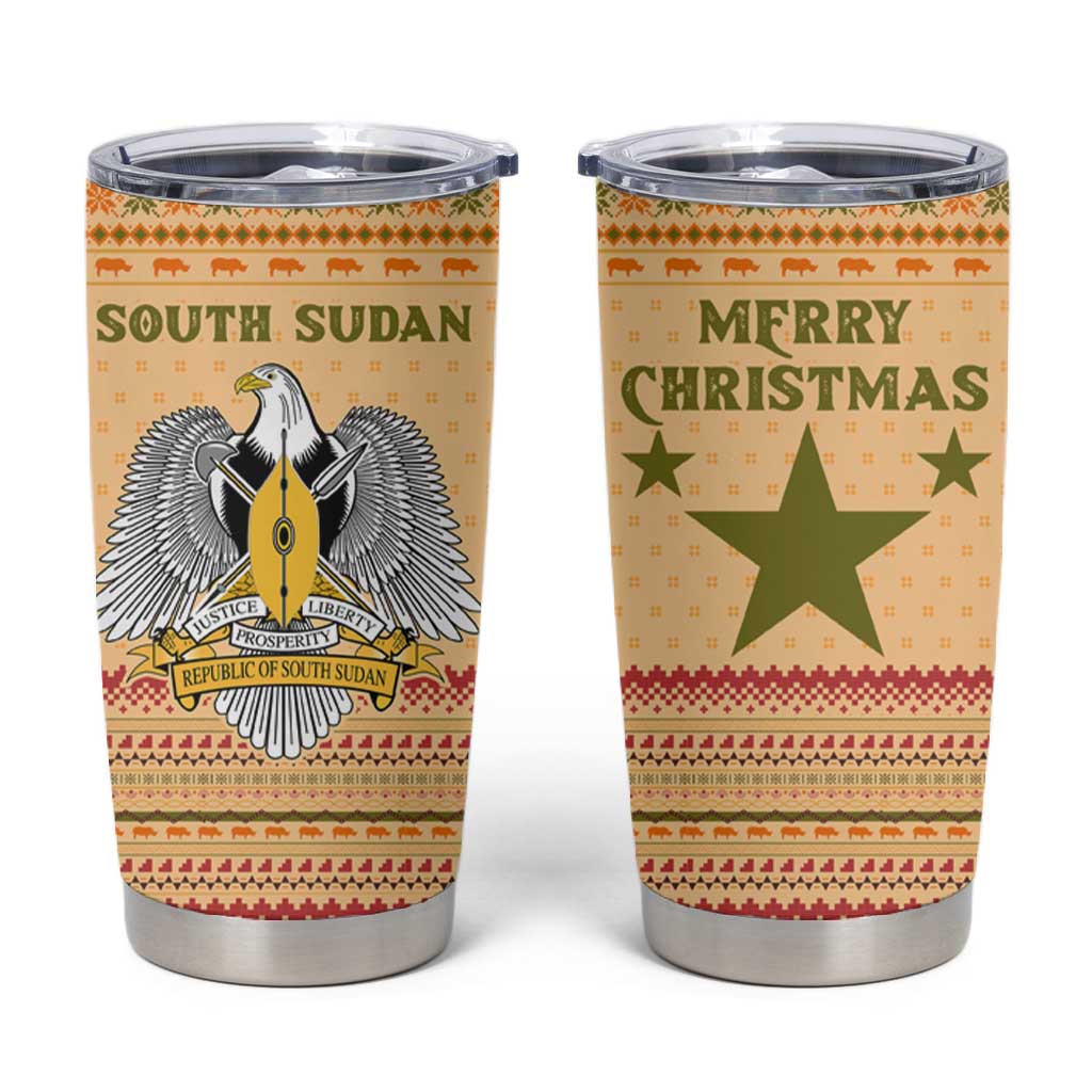 South Sudan Christmas Tumbler Cup Beige Tribal Pattern, National Emblem, and Green Star Motif - African Pride