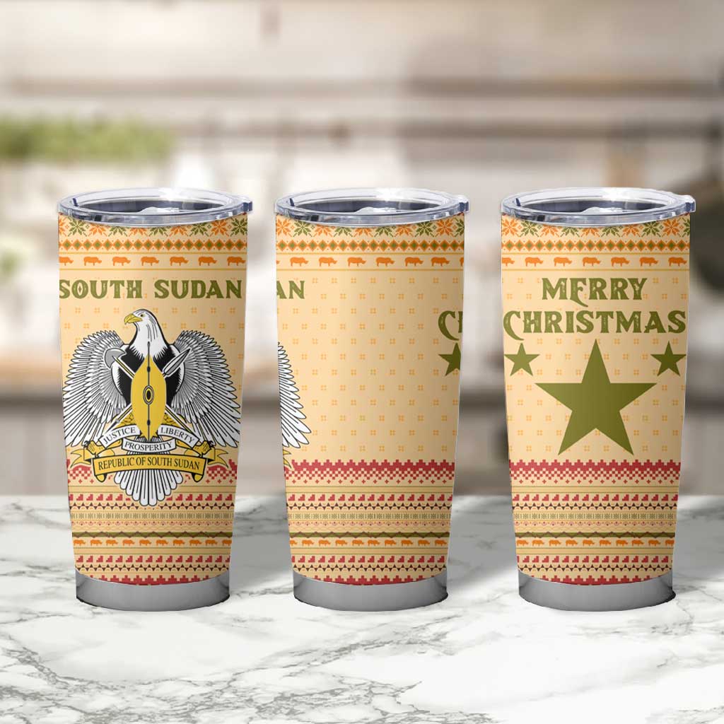 South Sudan Christmas Tumbler Cup Beige Tribal Pattern, National Emblem, and Green Star Motif - African Pride
