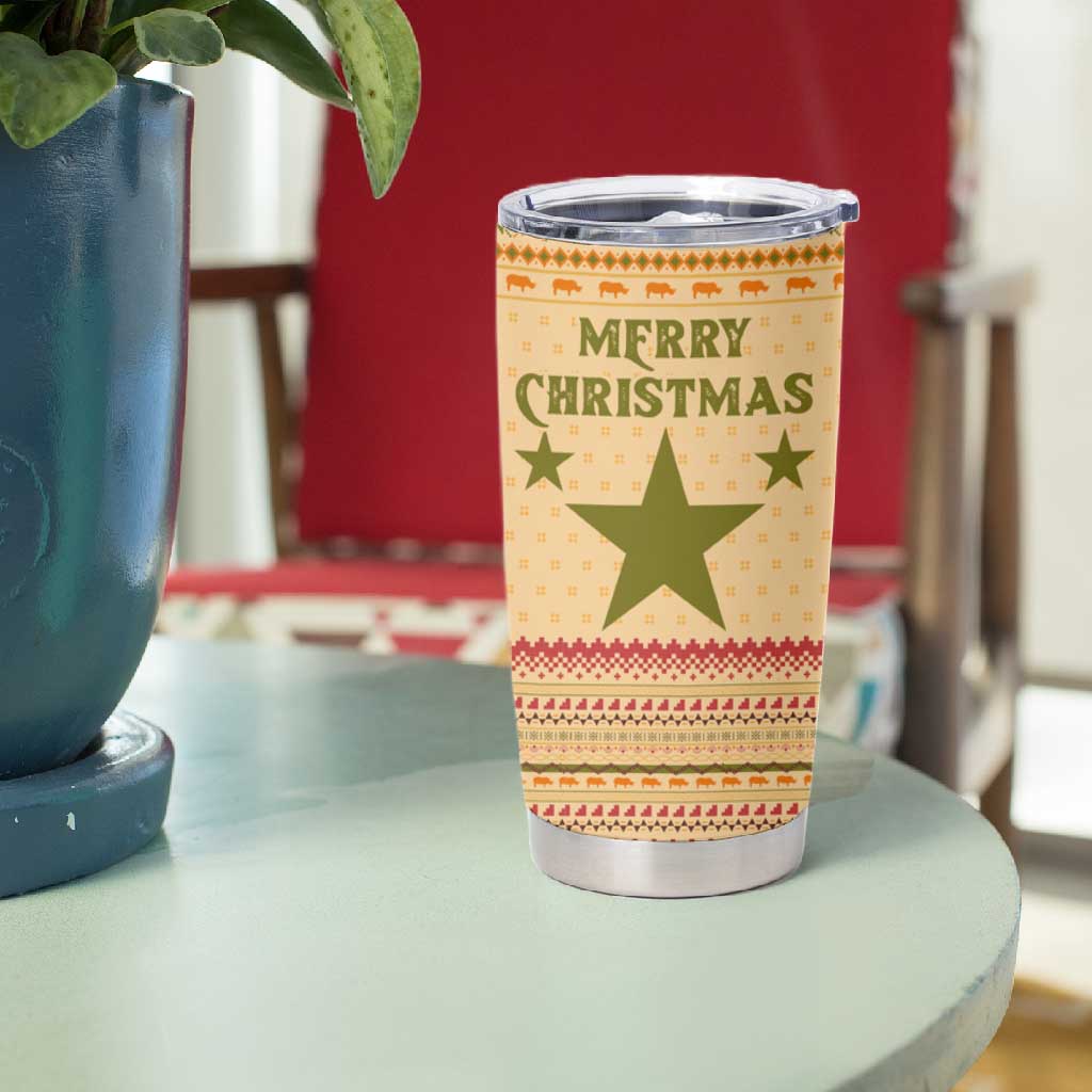 South Sudan Christmas Tumbler Cup Beige Tribal Pattern, National Emblem, and Green Star Motif - African Pride