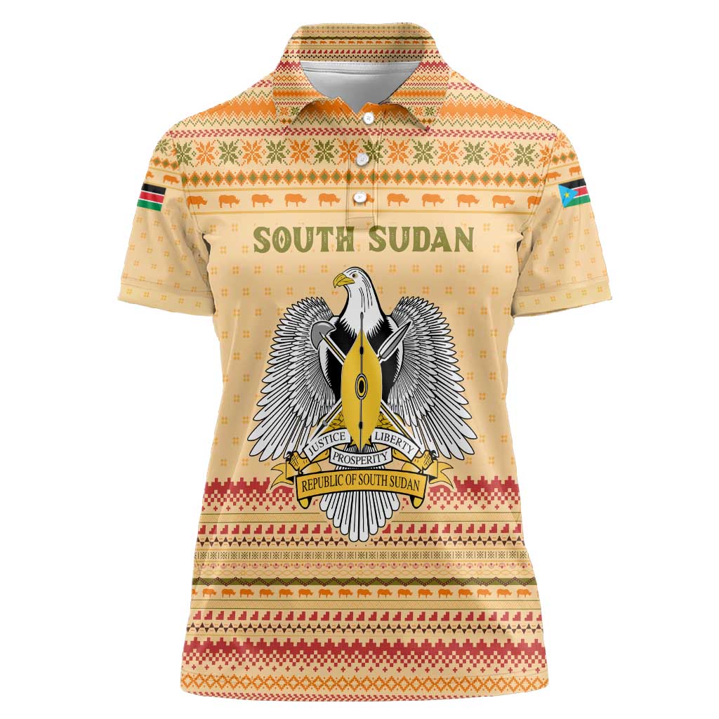 South Sudan Christmas Women Polo Shirt Beige Tribal Pattern, National Emblem, and Green Star Motif - African Pride
