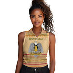 South Sudan Christmas Women Sleeveless Polo Shirt Beige Tribal Pattern, National Emblem, and Green Star Motif - African Pride