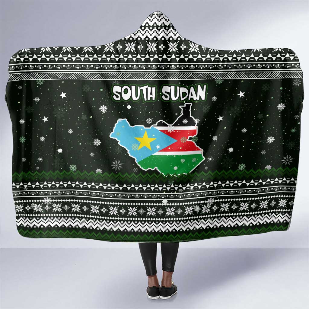 South Sudan Christmas Hooded Blanket National Map Flag Colors and Sleeping Rhino Motif - African Pride