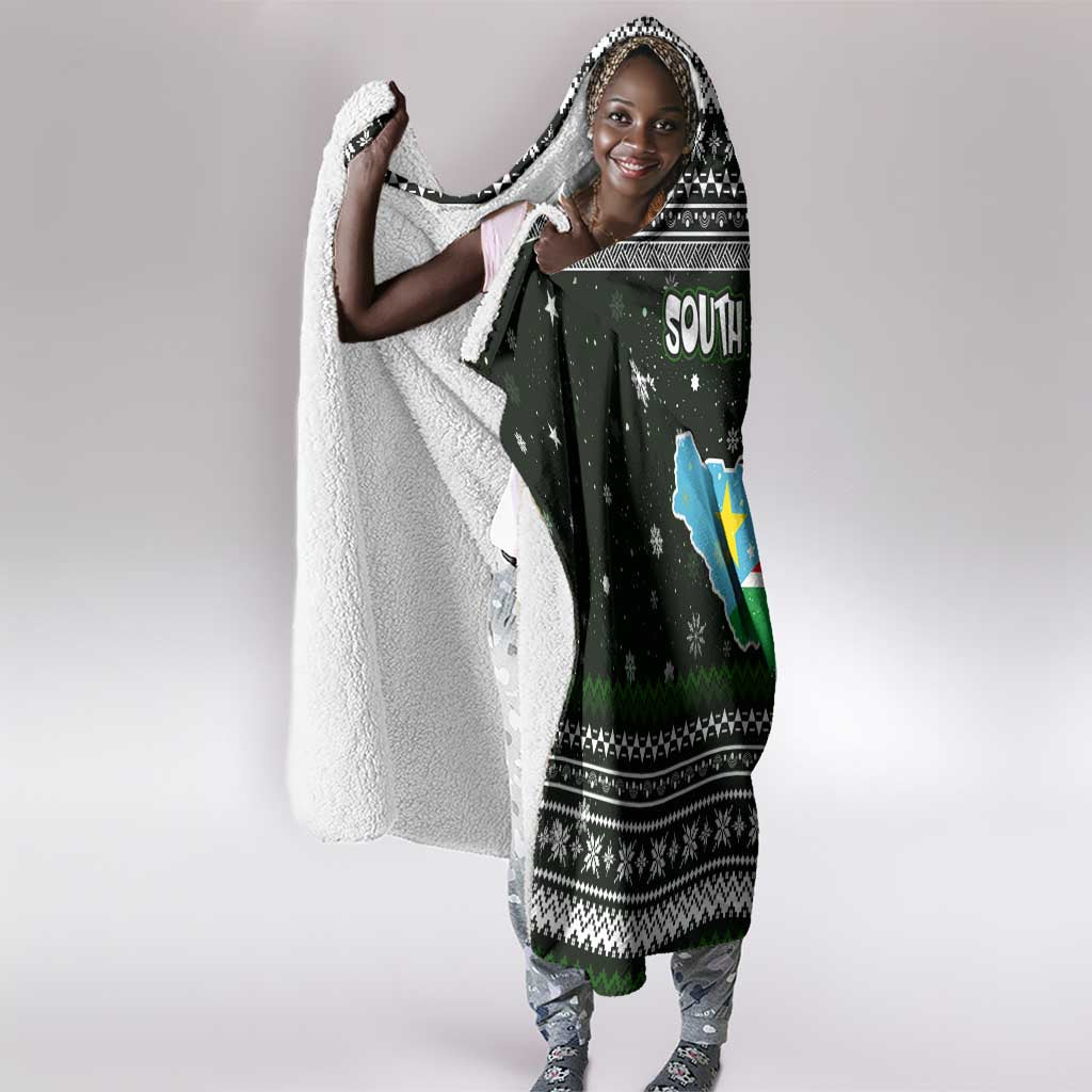 South Sudan Christmas Hooded Blanket National Map Flag Colors and Sleeping Rhino Motif - African Pride