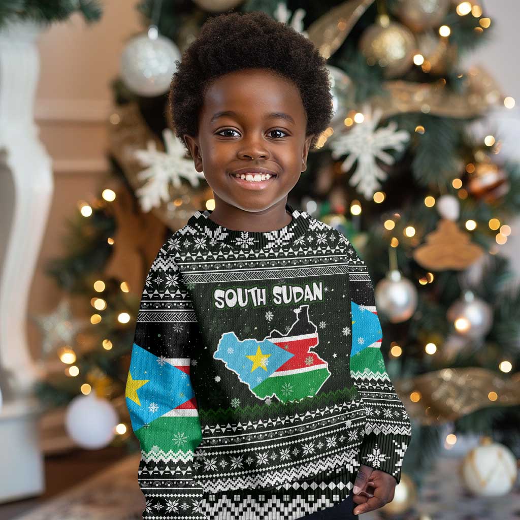 South Sudan Christmas Kid Ugly Christmas Sweater National Map Flag Colors and Sleeping Rhino Motif - African Pride