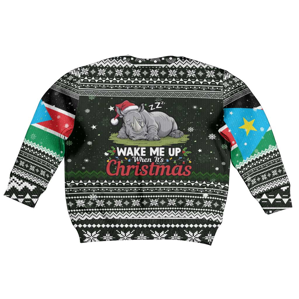 South Sudan Christmas Kid Ugly Christmas Sweater National Map Flag Colors and Sleeping Rhino Motif - African Pride