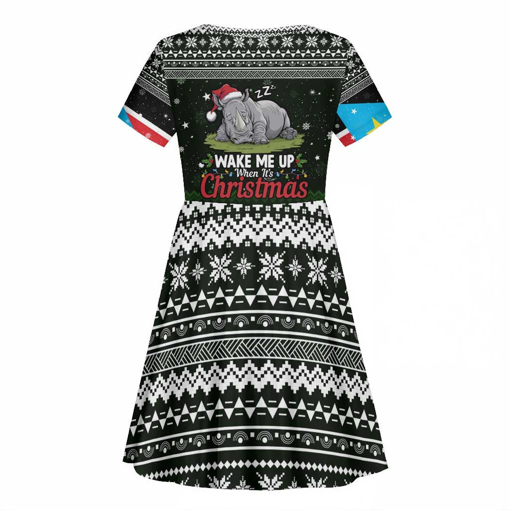 South Sudan Christmas Kid Short Sleeve Dress National Map Flag Colors and Sleeping Rhino Motif - African Pride