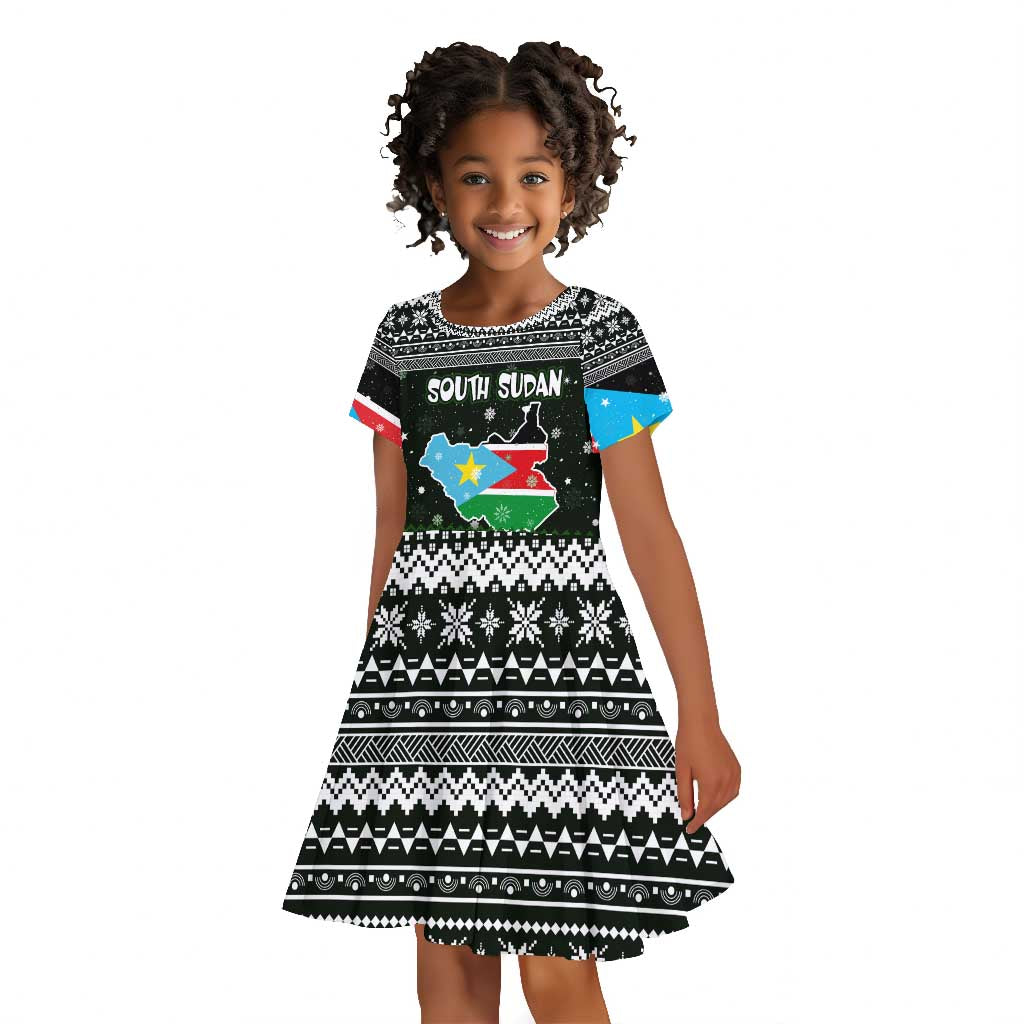 South Sudan Christmas Kid Short Sleeve Dress National Map Flag Colors and Sleeping Rhino Motif - African Pride