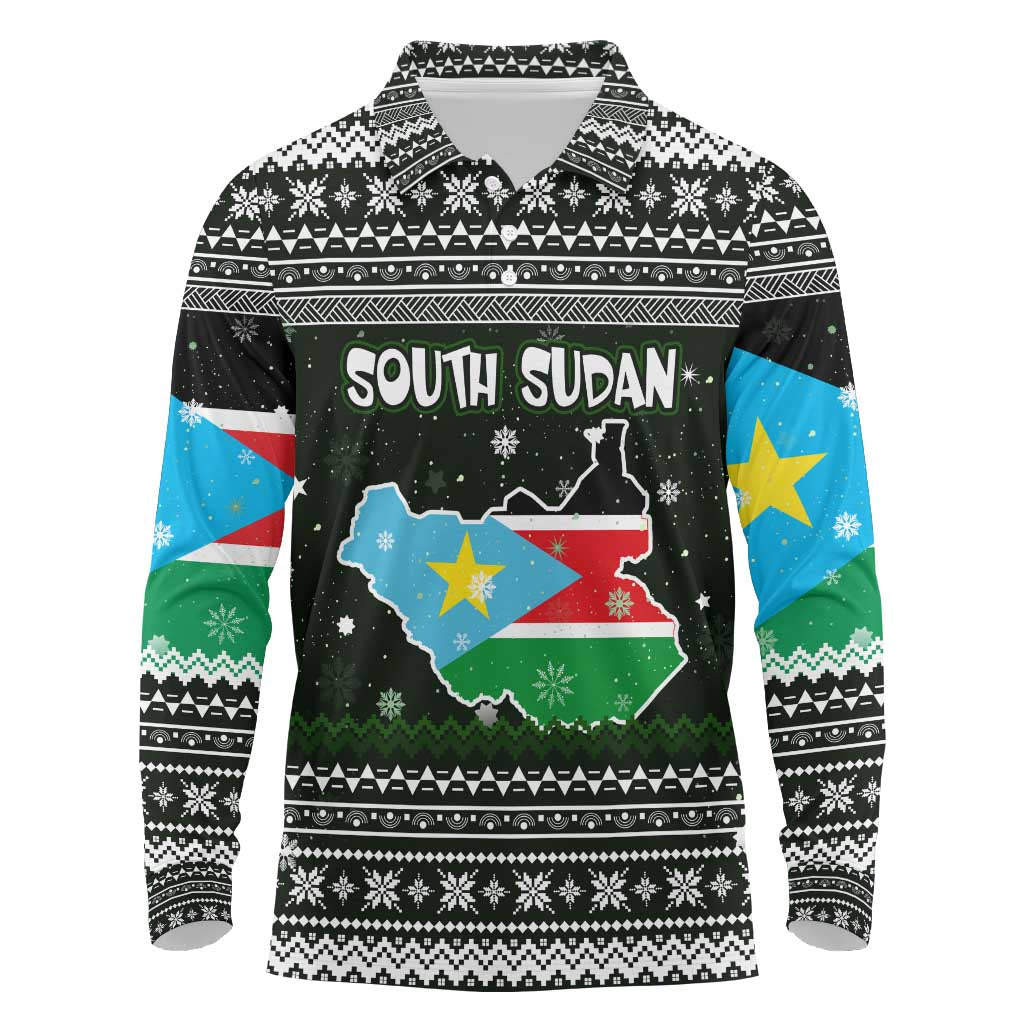 South Sudan Christmas Long Sleeve Polo Shirt National Map Flag Colors and Sleeping Rhino Motif - African Pride