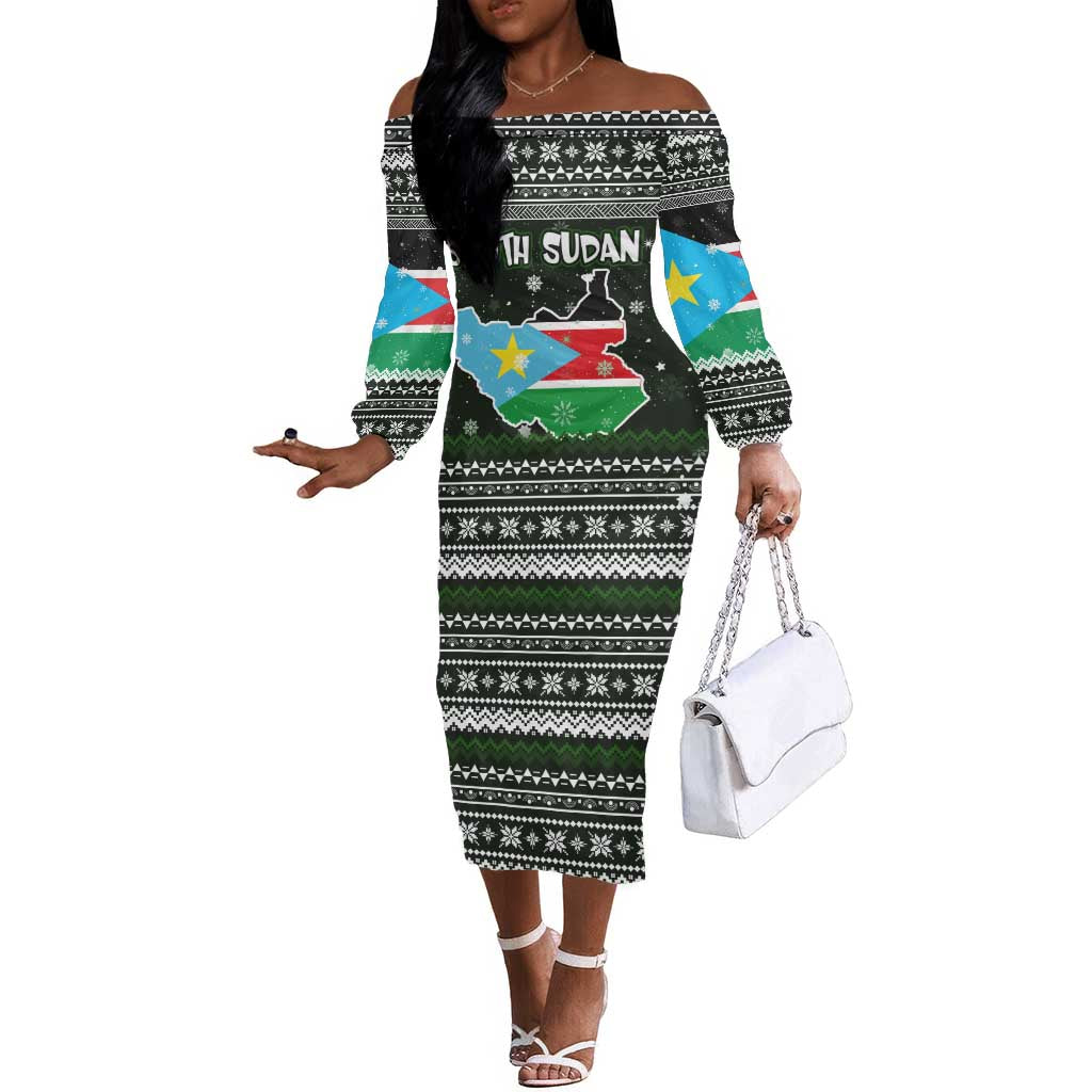 South Sudan Christmas Off The Shoulder Long Sleeve Dress National Map Flag Colors and Sleeping Rhino Motif - African Pride