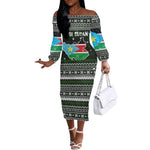 South Sudan Christmas Off The Shoulder Long Sleeve Dress National Map Flag Colors and Sleeping Rhino Motif - African Pride