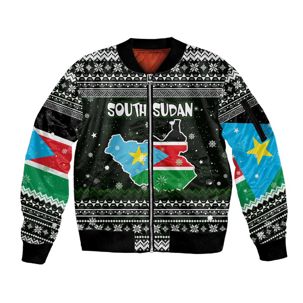 South Sudan Christmas Sleeve Zip Bomber Jacket National Map Flag Colors and Sleeping Rhino Motif - African Pride