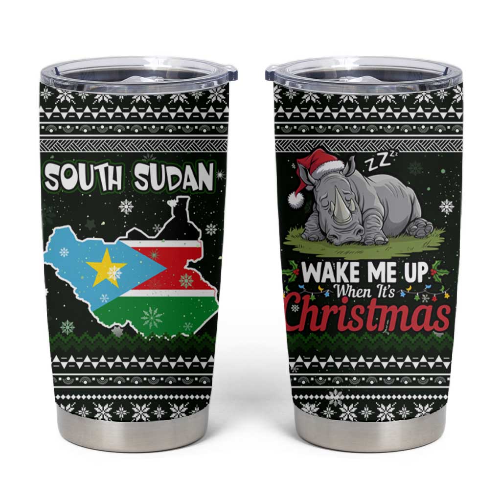 South Sudan Christmas Tumbler Cup National Map Flag Colors and Sleeping Rhino Motif - African Pride