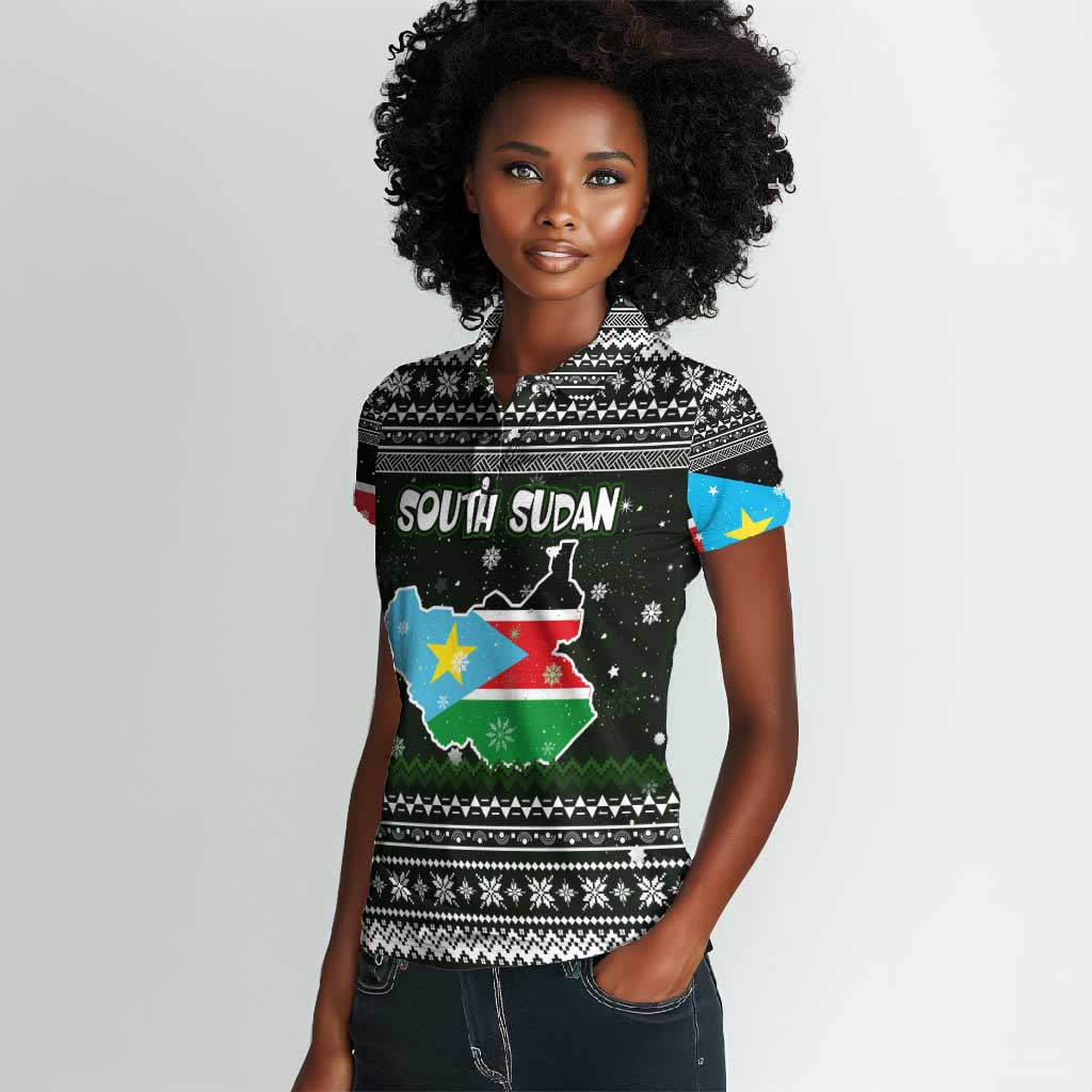 South Sudan Christmas Women Polo Shirt National Map Flag Colors and Sleeping Rhino Motif - African Pride