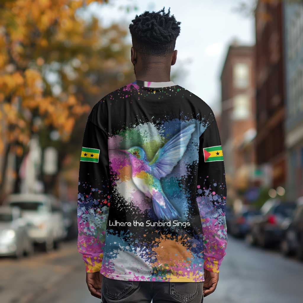 Where the Sunbird Sings Long Sleeve Shirt Sao Tome and Principe Flag - Color Splash Art - African Pride