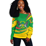 Sao Tome and Principe National Emblem Off Shoulder Sweater Green Yellow Flag Pattern - African Pride