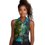 Sea Turtle Sao Tome and Principe Women Sleeveless Polo Shirt Ocean Tide and Tropical Palm - African Pride