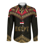 Ankh Eye of Horus Egypt Long Sleeve Button Shirt Ancient Black Gold Hieroglyph Spirit - African Pride