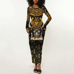 Pharaoh King Tut Egypt Long Sleeve Bodycon Dress Hieroglyphic Gold Pattern - African Pride