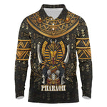 Pharaoh King Tut Egypt Long Sleeve Polo Shirt Hieroglyphic Gold Pattern - African Pride