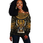 Pharaoh King Tut Egypt Off Shoulder Sweater Hieroglyphic Gold Pattern - African Pride