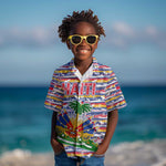 Haiti Christmas Kid Hawaiian Shirt Blue Red Yellow Xmas Santa Sleigh and Coat of Arms - African Pride