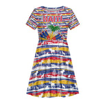 Haiti Christmas Kid Short Sleeve Dress Blue Red Yellow Xmas Santa Sleigh and Coat of Arms - African Pride