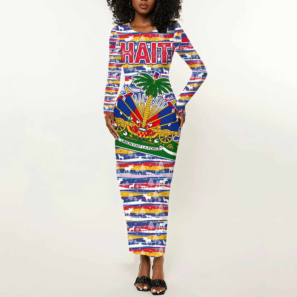 Haiti Christmas Long Sleeve Bodycon Dress Blue Red Yellow Xmas Santa Sleigh and Coat of Arms - African Pride