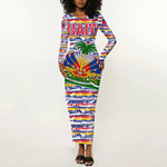 Haiti Christmas Long Sleeve Bodycon Dress Blue Red Yellow Xmas Santa Sleigh and Coat of Arms - African Pride