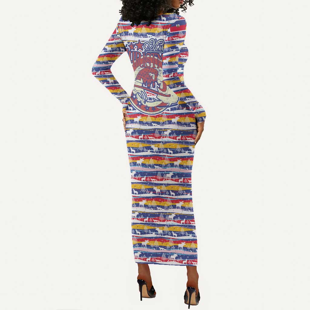 Haiti Christmas Long Sleeve Bodycon Dress Blue Red Yellow Xmas Santa Sleigh and Coat of Arms - African Pride