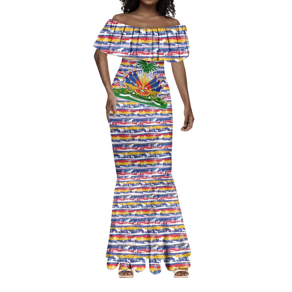 Haiti Christmas Mermaid Dress Blue Red Yellow Xmas Santa Sleigh and Coat of Arms - African Pride