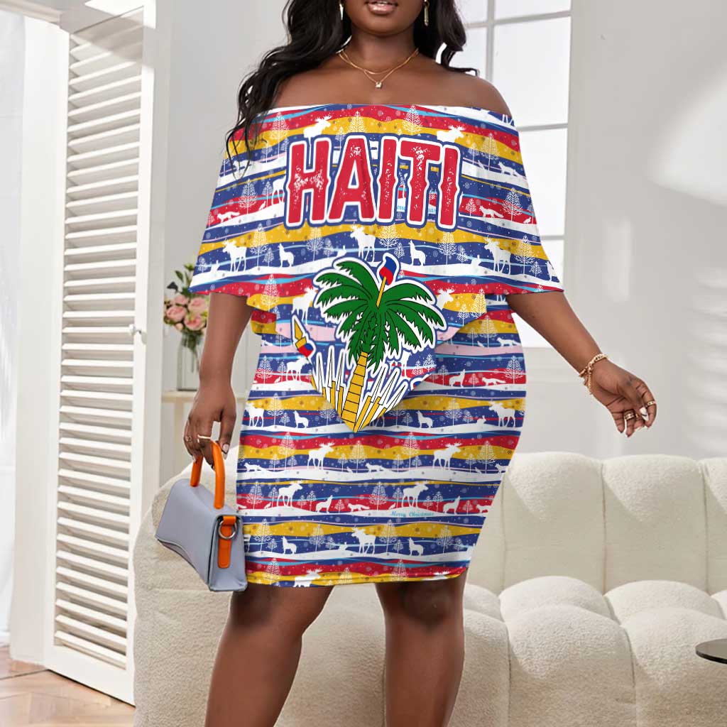 Haiti Christmas Off Shoulder Short Dress Blue Red Yellow Xmas Santa Sleigh and Coat of Arms - African Pride