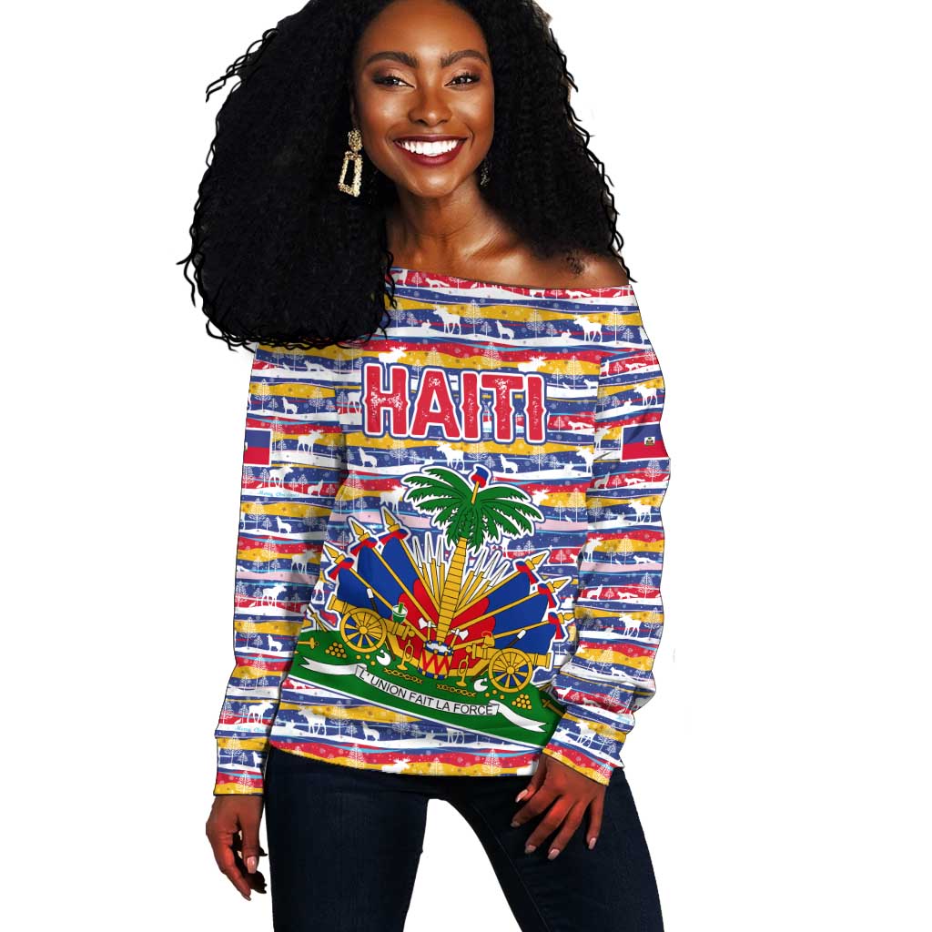 Haiti Christmas Off Shoulder Sweater Blue Red Yellow Xmas Santa Sleigh and Coat of Arms - African Pride