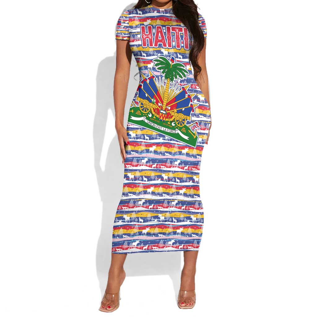 Haiti Christmas Short Sleeve Bodycon Dress Blue Red Yellow Xmas Santa Sleigh and Coat of Arms - African Pride