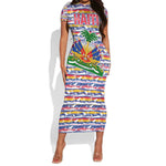 Haiti Christmas Short Sleeve Bodycon Dress Blue Red Yellow Xmas Santa Sleigh and Coat of Arms - African Pride