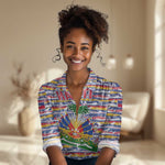 Haiti Christmas Women Casual Shirt Blue Red Yellow Xmas Santa Sleigh and Coat of Arms - African Pride