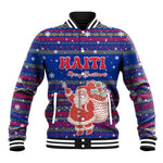 Haiti Christmas Baseball Jacket Blue Red Xmas Santa Snowflake and Map - African Pride