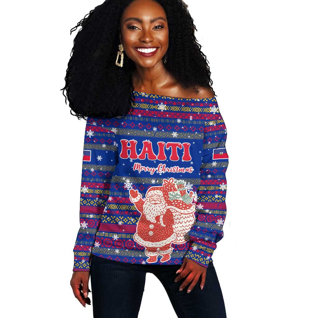 Haiti Christmas Off Shoulder Sweater Blue Red Xmas Santa Snowflake and Map - African Pride