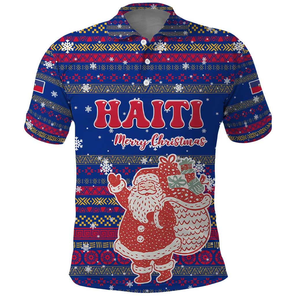 Haiti Christmas Polo Shirt Blue Red Xmas Santa Snowflake and Map - African Pride