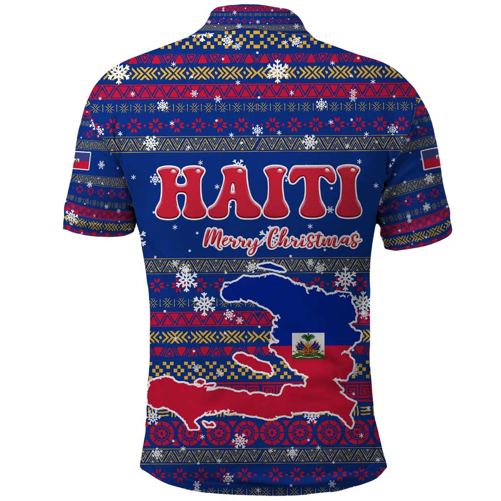 Haiti Christmas Polo Shirt Blue Red Xmas Santa Snowflake and Map - African Pride