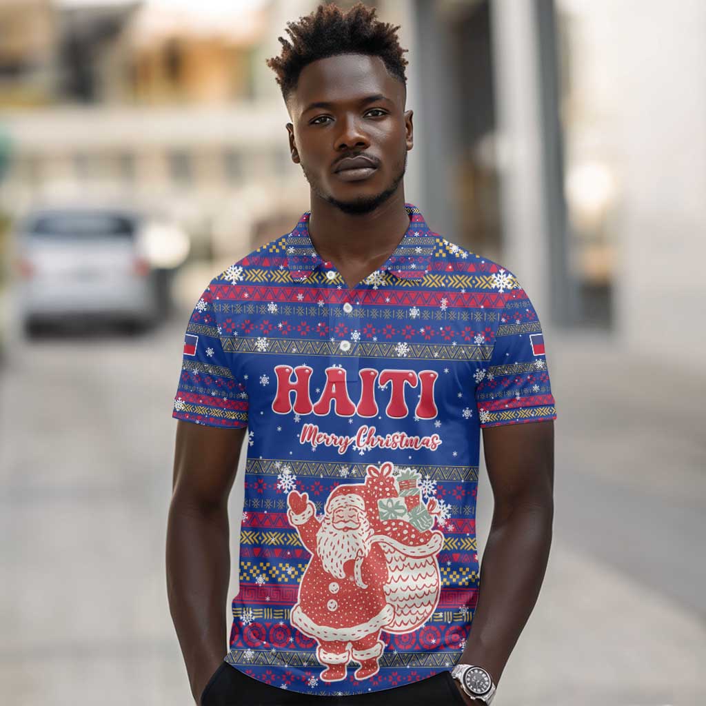 Haiti Christmas Polo Shirt Blue Red Xmas Santa Snowflake and Map - African Pride