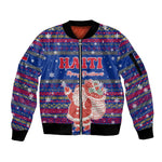Haiti Christmas Sleeve Zip Bomber Jacket Blue Red Xmas Santa Snowflake and Map - African Pride