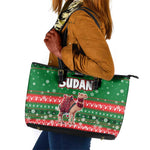 Sudan Christmas Leather Tote Bag Green Red Xmas Camel Snowflake and Coat of Arms - African Pride