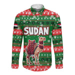 Sudan Christmas Long Sleeve Button Shirt Green Red Xmas Camel Snowflake and Coat of Arms - African Pride