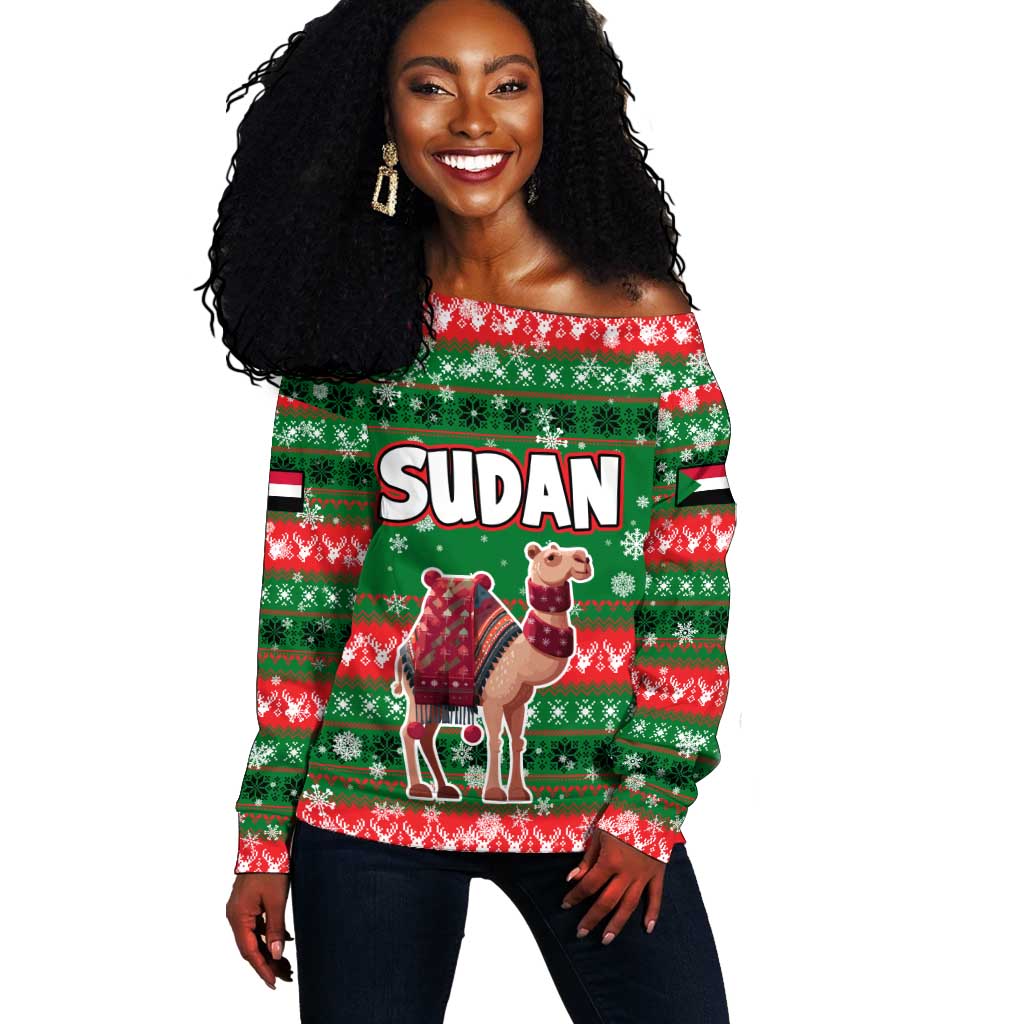 Sudan Christmas Off Shoulder Sweater Green Red Xmas Camel Snowflake and Coat of Arms - African Pride