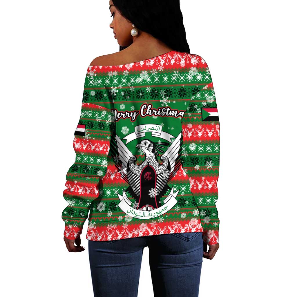 Sudan Christmas Off Shoulder Sweater Green Red Xmas Camel Snowflake and Coat of Arms - African Pride