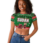 Sudan Christmas Raglan Cropped T shirt Green Red Xmas Camel Snowflake and Coat of Arms - African Pride