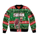 Sudan Christmas Sleeve Zip Bomber Jacket Green Red Xmas Camel Snowflake and Coat of Arms - African Pride