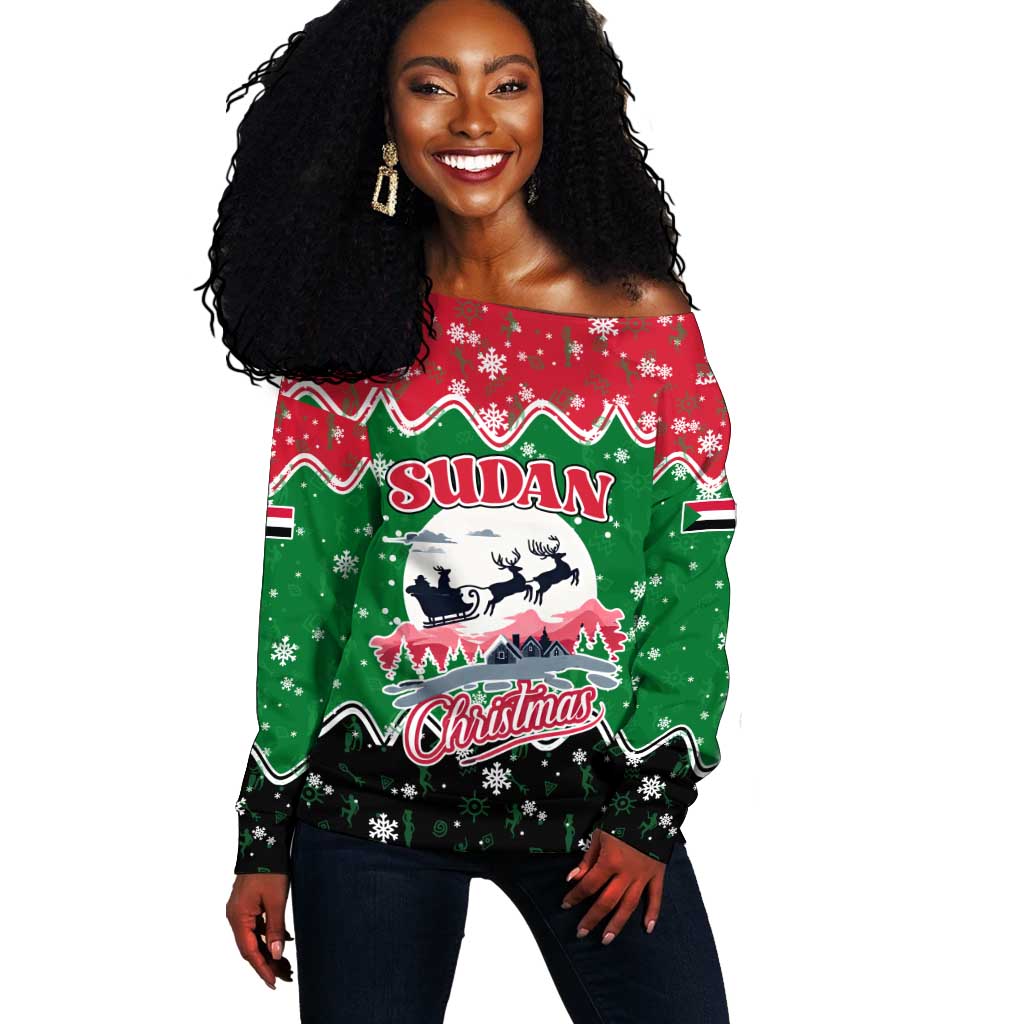Sudan Christmas Off Shoulder Sweater Red Green Black Xmas Santa Sleigh and Map - African Pride
