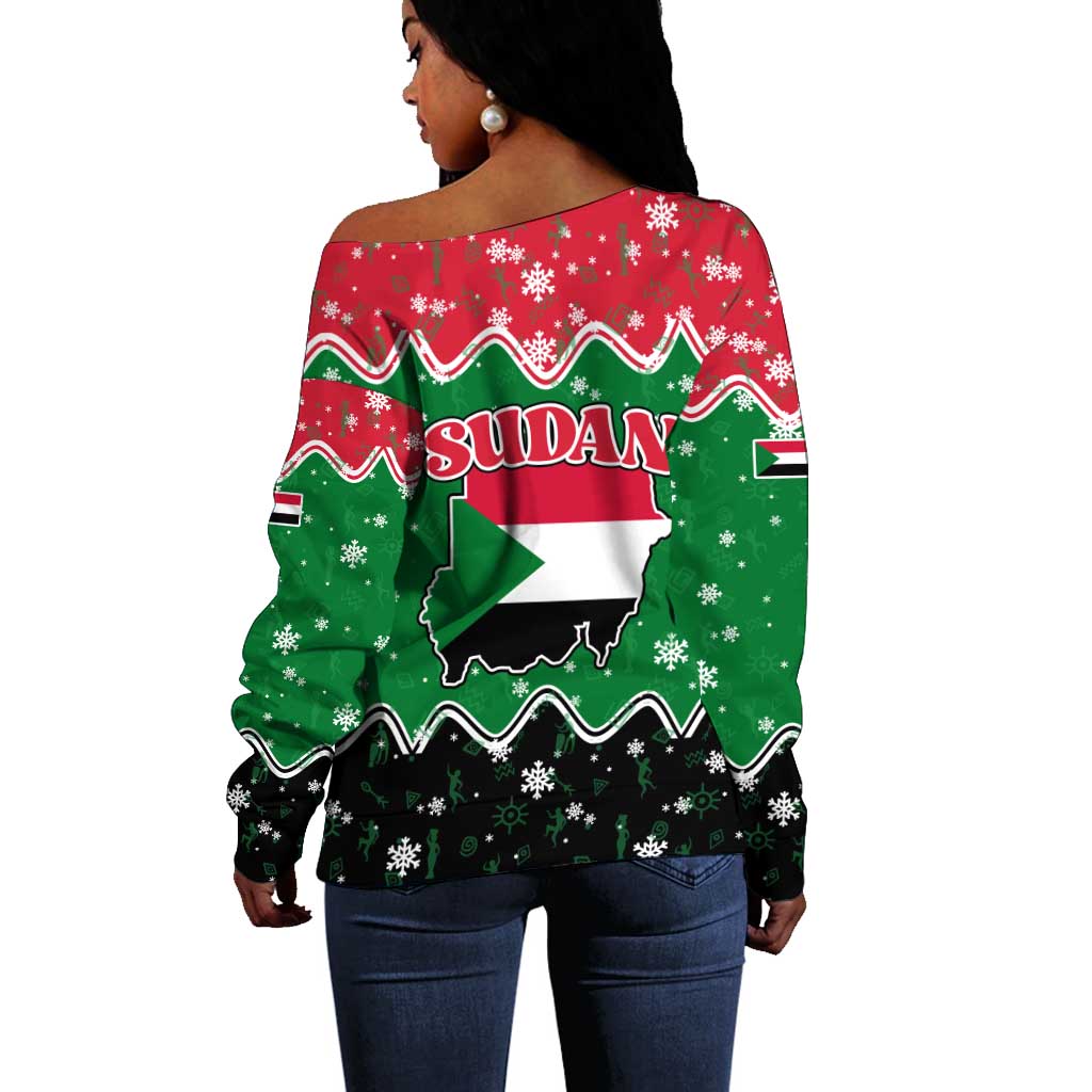 Sudan Christmas Off Shoulder Sweater Red Green Black Xmas Santa Sleigh and Map - African Pride