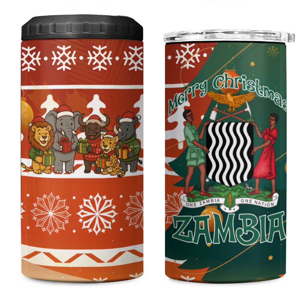 Zambia Christmas 4 in 1 Can Cooler Tumbler African Animals Tree Snowflakes and National Emblem - African Pride